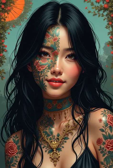 crystal style art, a very beautiful attractive woman with black hair, happy smile, inspired by Ryan Barger, fantasy art, sakimichan frank franzzeta, a womans face is one third covered with impressive unique tattoos, greg rutkowski, beautifully infected, ga...