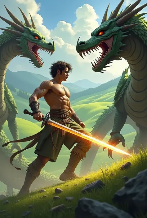 a strong,  young man, serious-looking man, fighting powerful dragons. the man is brandishing a sword of blinding light. The landscape is of green fields in the background.