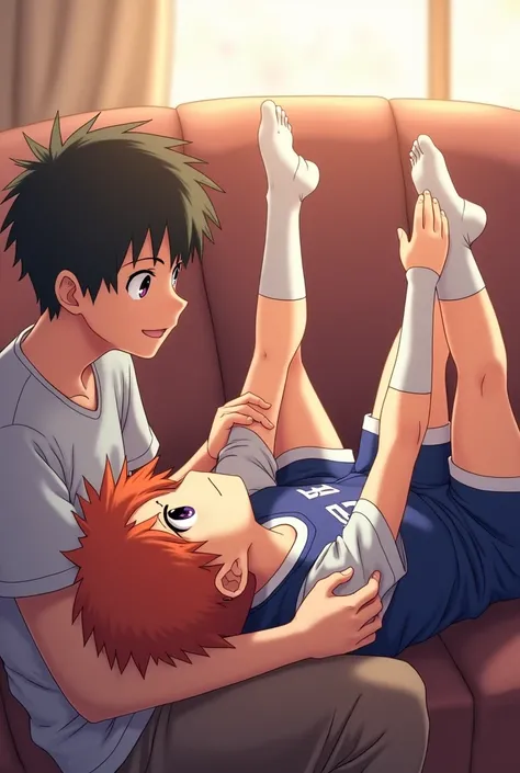 A side view of Kageyama from Haikyuu sitting at the end of a couch, with Shoyo Hinata lying stretched out on the couch, his feet resting on Kageyamas stomach. Kageyama is gently holding Hinatas ankles. Hinata is wearing his Karasuno High School volleyball ...