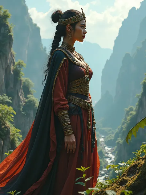 Create a fantastical quest scene with the Malay woman in medieval fantasy attire, embarking on an epic journey, reminiscent of epic fantasy films like The Lord of the Rings.