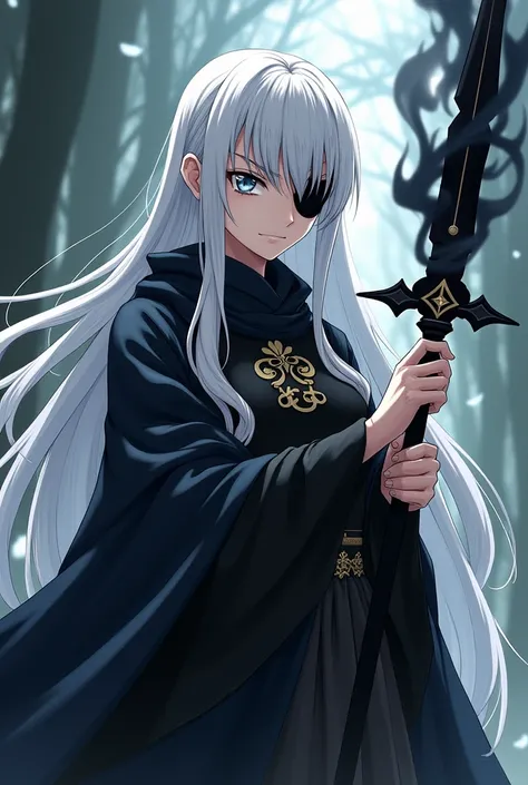 Japanese anime style art: Beautiful woman with long white hair, has silver eyes and wears an eye patch, being a witch wears medieval clothing, carries in one hand a spiral black sword that resembles a spear, has a cold expression and one of his hands has a...