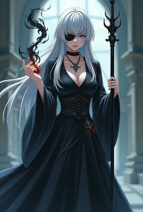 Japanese anime style art: Beautiful woman with long white hair, has silver eyes and wears an eye patch, being a witch wears medieval clothing, carries in one hand a spiral black sword that resembles a spear, has a cold expression and one of his hands has a...