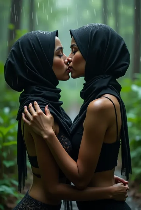 close up kissing beautiful hijab asian lesbian girl laying down,bra and panties,in the Wood,kiss,lesbian sex,raining,looking to the viewer