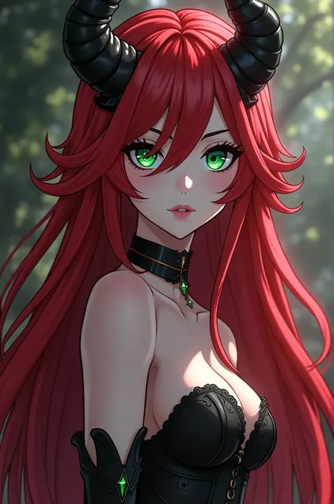 ((best quality)), ((masterpiece)), (detailed), perfect face, a woman, with gray skin, being a beautiful dozenla owner of long red hair down to the end of her back, curves, a sharp body. Pair of black horns on her head, claws on her fingers and toes, emeral...