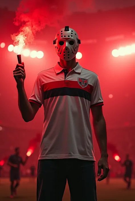 jason voorhees in white polo collar soccer shirt with two stripes below the chest, black and red, with white space between them. Holding flare with red smoke In the background a stadium with red stands. Fans behind with red flares