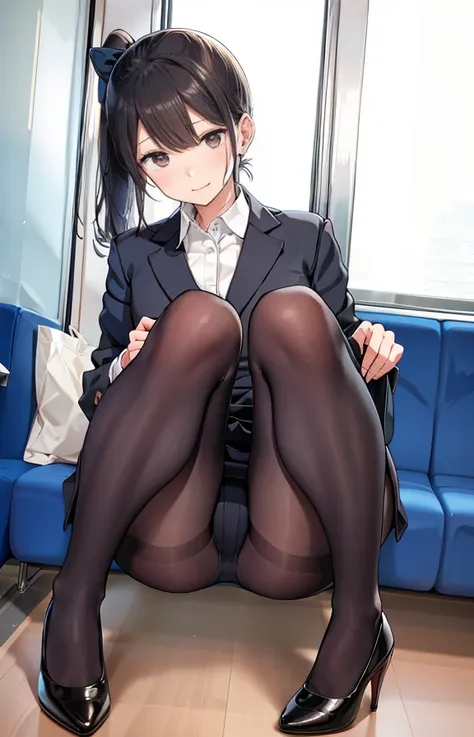 Recruitment Suit、Short-sleeved shirt、Office Lady、Tight mini skirt、パンティstockings、Thin legs、slender、ponytail、ribbon、Earrings、Sit on the train、View from the front、Lace panties、smile、High heels、Pantyhose、stockings、tights