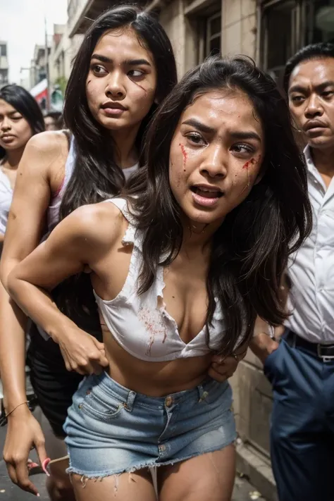 A riot peoples bloody revolution in Indonesian, a young sweet beautiful Indonesian georgeus girl, twenty two years old, slim body, glamor and rich girl, crying out being pulled and pushed by peoples and lifted up brutaly by some adult men to the street cou...