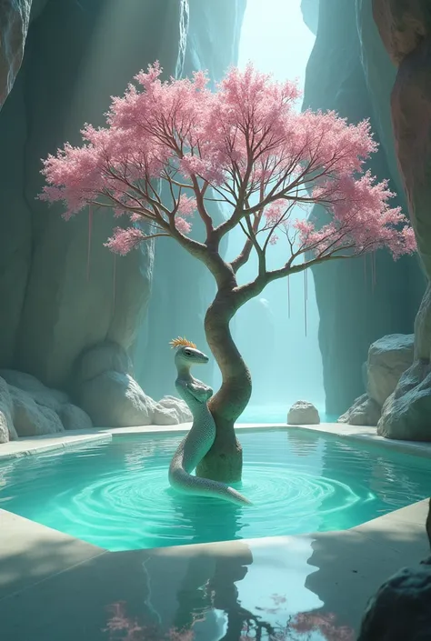 A female reptilian with a slender body and white scales, bathes in smooth water in a large pool made of octagonal diamond crystal, in the center of it a sacred tree that grows naturally,  with pink flowers and long branches that touch the pool water.
 This...