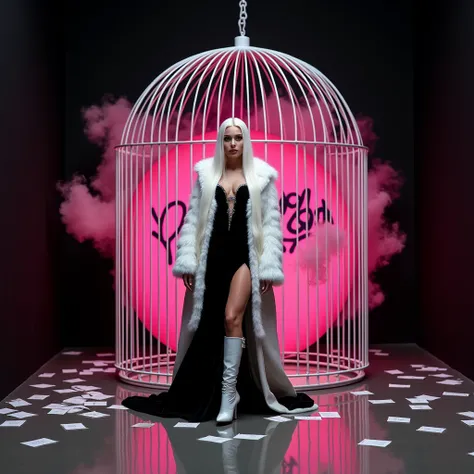 A woman with long white hair,She will wear a very luxurious velvet dress and a white fur coat,a white futuristic boot, the black background and there will be pink smoke,I want graffiti that says Y2K XOXO on a pink background ,I want her without sensuality ...