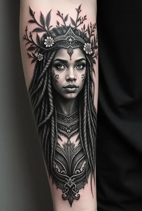 black and white arm tattoo of a dryad with African features, long, full hair with dreadlocks, a crown of branches, flowers and elven costumes