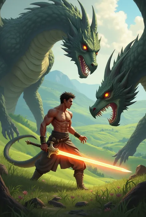 a strong,  young man, serious-looking man, fighting powerful dragons. the man is brandishing a sword of blinding light. The landscape is of green fields in the background.