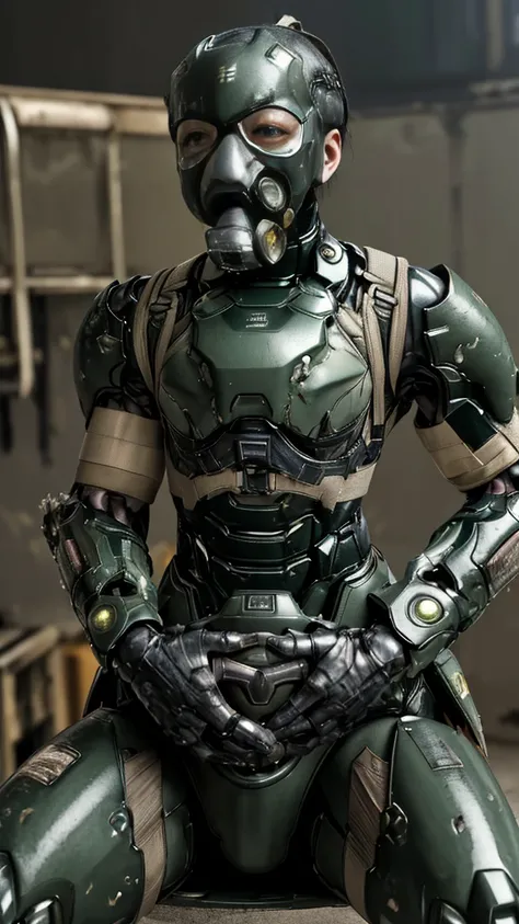 Rough skin, Very detailed, Advanced Details, high quality, 最high quality, High resolution, 1080P 、Bleeding from the wound、Hollow Eyes、Wearing green and black、((The whole body is sweating))(Equipped with a damaged battle suit....)(Dark green armor)(Broken A...