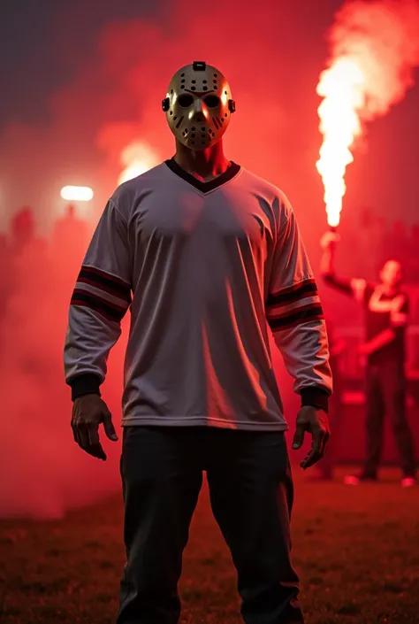 jason voorhees in white football shirt with two stripes below the chest, black and red, with blank space between the lists Holding flare with red smoke In the background a stadium with red stands. Fans behind with red flares