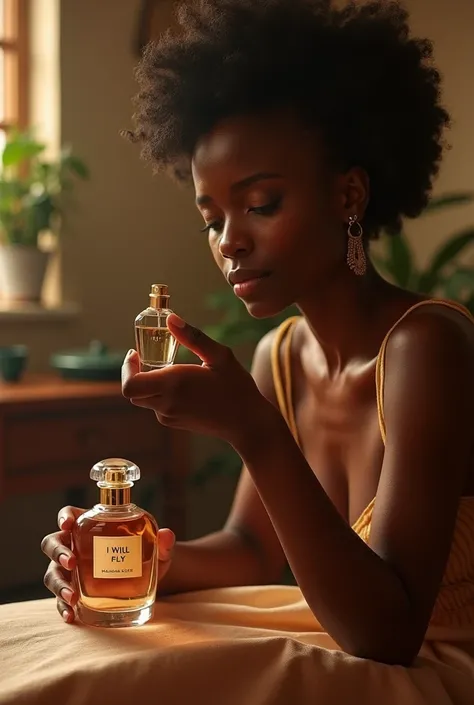 An African woman enjoys applying a fragrance, From the Oriflame brand I will fly toilette that highlights its elegance and sophistication, Although she is not a very rich woman, the fragrance highlights her finesse.. And natural beauty 