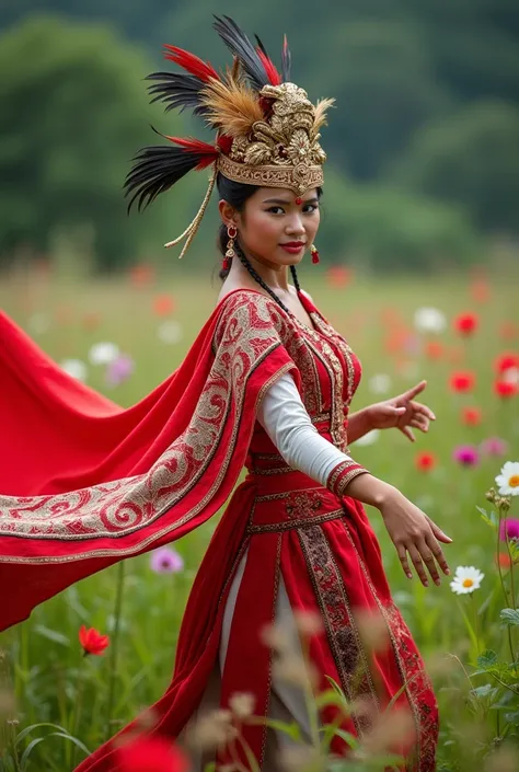 Photoshot of a beautiful woman wearing a red and white Dayak dress wearing a mah kota with a bird&#39;s head and a long cloth on her shoulders dancing in a green meadow with many blooming flowers . And there is a red and white flag