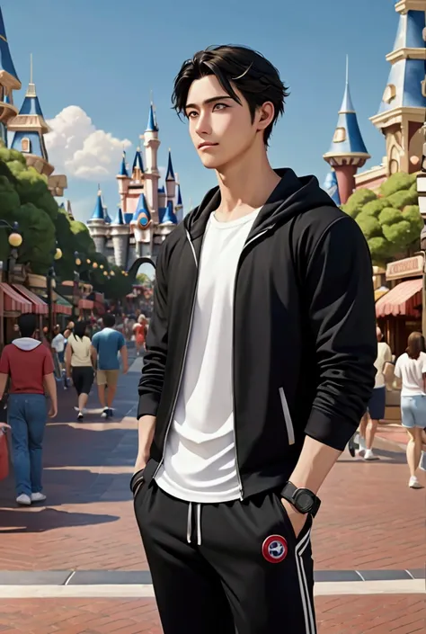 Japanese,25-30 years old, Handsome and sporty outfit ， fair skin, black eyes（thin eyes 1：3), Full body image,(Super detailed, Realistic, best quality, 4K, 8k, High resolution, masterpiece:1.3),  The background is Disneyland Main Street, U.S.A., he is very ...