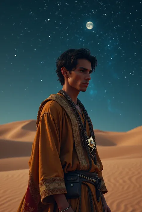 Young gypsy man with sun and star brooches hanging around in the desert with constellations behind 