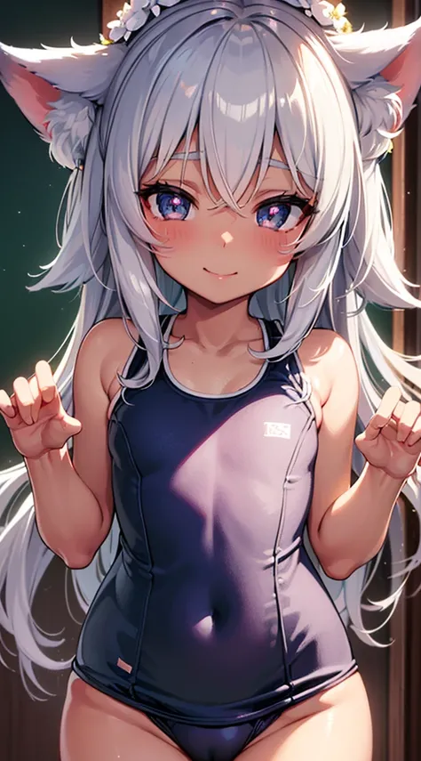 dark skin,Silver Hair,Fox Girl,(((small breasts))),(Perfectly detailed face),(Young) , Super cute face, (best quality:1.2), masterpiece, (loli, little, ultra cute kawaii:1.3), 独奏, smile, standing, looking at viewer, cowboy shot, ( japanese, school swimsuit...