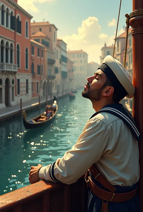 Part 3: The Italian&#39;s Dream Description:
Another sailor, italian, is leaning against the side of the ship. He closes his eyes and imagines Venice, with its calm waters and the city&#39;s canals.
