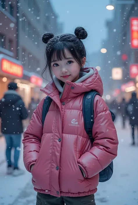 1 girl,beautiful eyes,pink huddle jacket,dark storm clouds,satin,joy,hoody,cargo pants,,,backpack,Korean style bun hair ,8k resolution,The content is very detailed,Anatomically correct,sharp image,Tren Pixiv,8k, Masterpiece, best quality, city, snowing, sn...