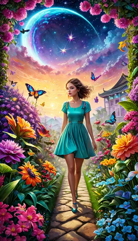 a girl close up,glowing eyes in a surreal and intricate garden of infinite possibilities, lost in a chaotic and unpredictable world, surrounded by vibrant and mesmerizing colors. The garden is filled with unique and peculiar plants and creatures, creating ...