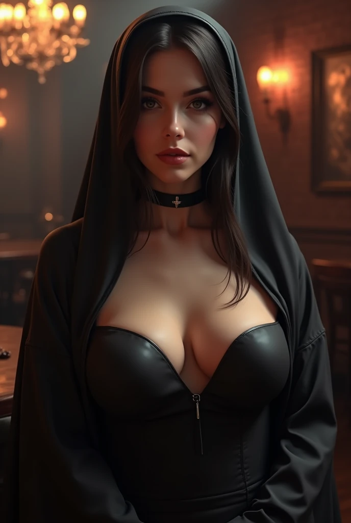 photorealism:1.2), beautiful woman, church nun, long hair, medium chest,slim, Silky hair, open chest, nipples shown out of the dress, big nipples, night club dress 