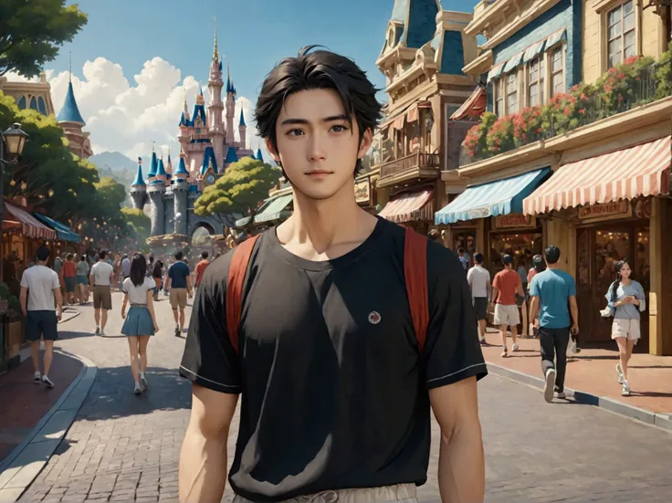 Japanese,25-30 years old, Handsome and sporty outfit ， fair skin, black eyes（thin eyes 1：3), Full body image,(Super detailed, Realistic, best quality, 4K, 8k, High resolution, masterpiece:1.3),  The background is Disneyland Main Street, U.S.A., day time. h...