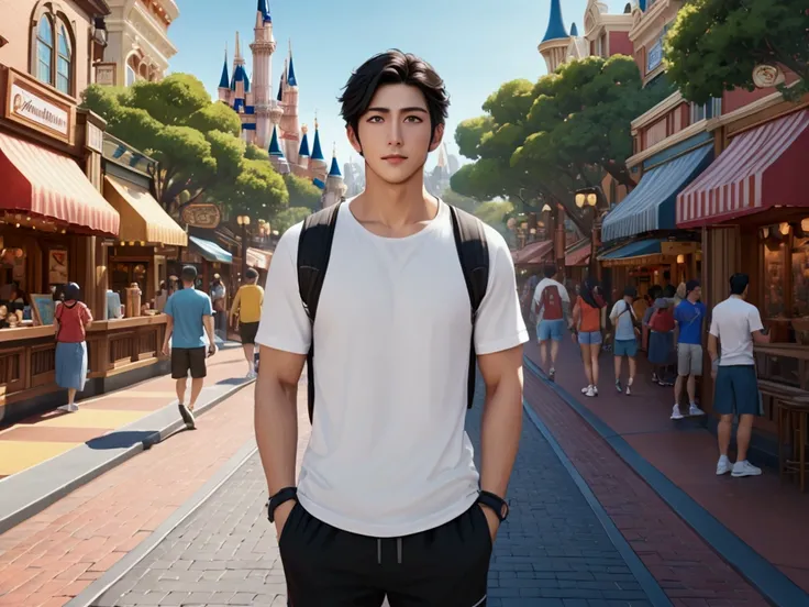 Japanese,25-30 years old, Handsome and sporty outfit ， fair skin, black eyes（thin eyes 1：3), Full body image,(Super detailed, Realistic, best quality, 4K, 8k, High resolution, masterpiece:1.3),  The background is Disneyland Main Street, U.S.A., day time. h...