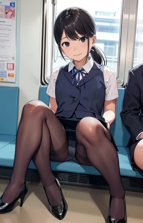 Recruitment Suit、Short-sleeved shirt、Office Lady、Tight mini skirt、パンティstockings、Thin legs、slender、ponytail、ribbon、Earrings、Sit on the train、View from the front、Lace panties、smile、High heels、Pantyhose、stockings、tights