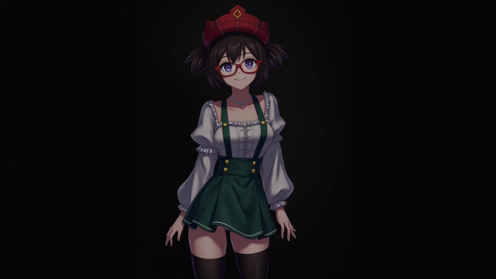 ((masterpiece, best quality)), aston machan (umamusume),, smile, large breasts, upper body, , long sleeves, white shirt, frills, green skirt, button, black thighhighs, suspender, , espectacled, red-framed eyewear, red hat crown, , crazy eyes, glowing eye, ...