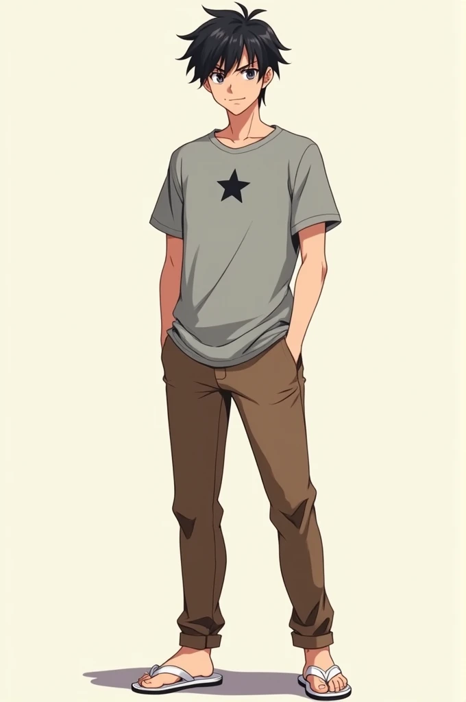 anime male character, 
wearing a shirt with a star in the middle, gray in color, 
wearing brown pants, 
wearing white flip flops
