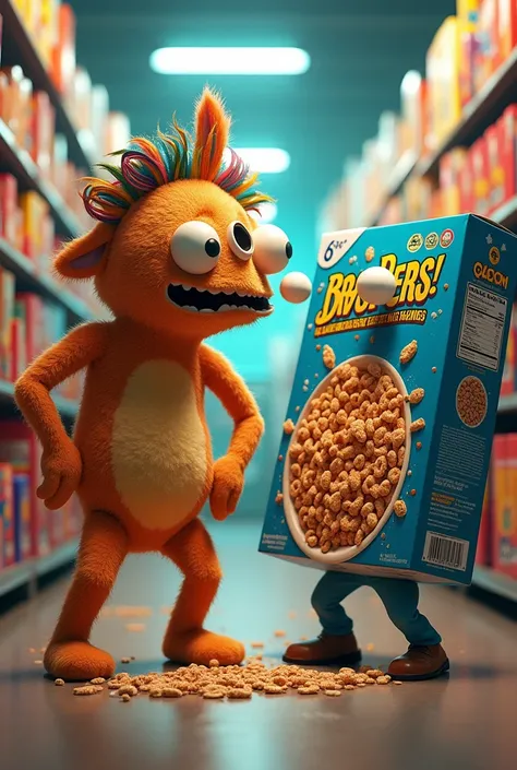 A made up cereal box that is fighting a existing cereal box