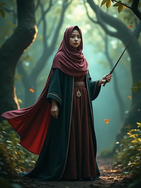 Capture the enchantment of the Wizarding World as the Malay woman in hijab dons a Hogwarts- griffindor inspired outfit, wielding a wand in a magical forest, reminiscent of scenes from the Harry Potter series