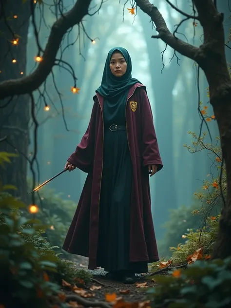 Capture the enchantment of the Wizarding World as the Malay woman in hijab dons a Hogwarts- griffindor inspired outfit, wielding a wand in a magical forest, reminiscent of scenes from the Harry Potter series