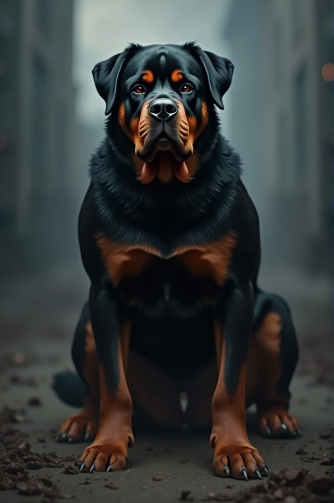 Generate a high-resolution image of a large, imposing Rottweiler with a strong, muscular frame and a serious, intimidating expression, set against a dramatic background.”