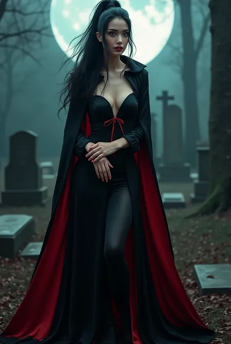 (RAW photo, best quality, masterpiece, ultra-detailed, high res), (realistic),(extremely 
delicate and beautiful:1), mesmerizing vampire woman with long black hair in high 
ponytail detailed red eyes , detailed features, smiling seductively , showing vampi...