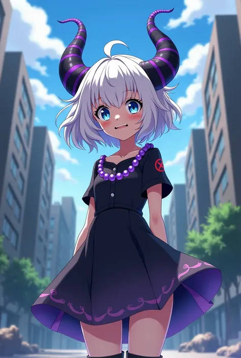 Screenshot of my hero academy.
Teenage girl with short white curly hair down to her ears with long strands in front , He has medium-sized black and purple horns. His eyes are blue., On his face he has the red Detieri mark and on the other side he has a mus...