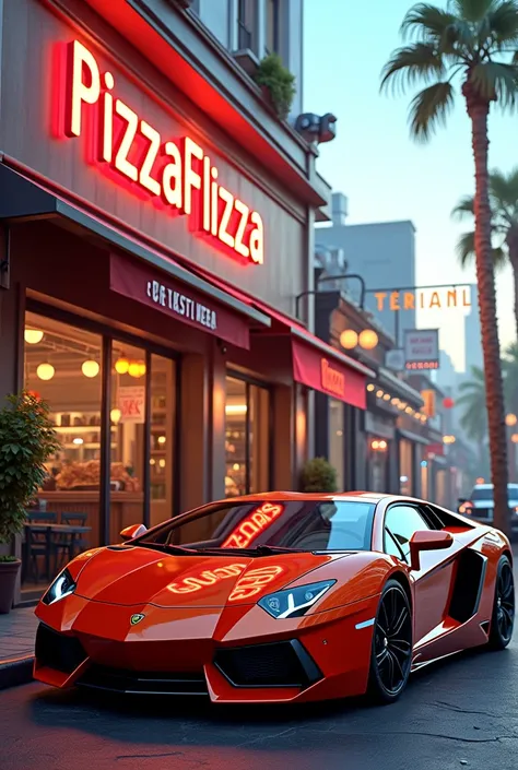 Create a picture of a restaurant called PizzaFlizza and put a sports car in front of it