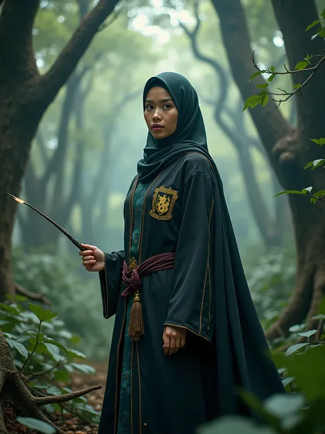 Capture the enchantment of the Wizarding World as the Malay woman in hijab dons a Hogwarts- griffindor inspired outfit, wielding a wand in a magical forest, reminiscent of scenes from the Harry Potter series