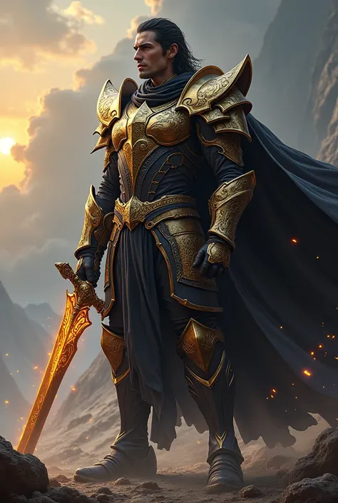 Hero:name: Aric Blackthorn Description: Aric is an imposing warrior in black-gold armor that glows with a magical aura.. He wields a Staff of the Apocalyptic Dragon and the Sword of the Destroyer of Worlds., a legendary weapon with immense destructive powe...