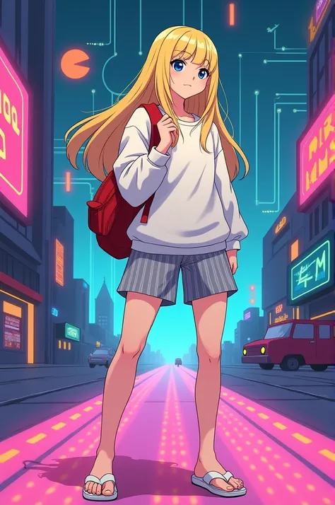 self confident blonde anime character, 
wearing a white sweatshirt, 
wearing gray striped shorts, 
wearing white flip flops scenery: pacman