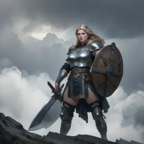 a sensual and beautiful full-body viking warrior woman, detailed intricate armor, holding a large claymore sword, standing heroi...