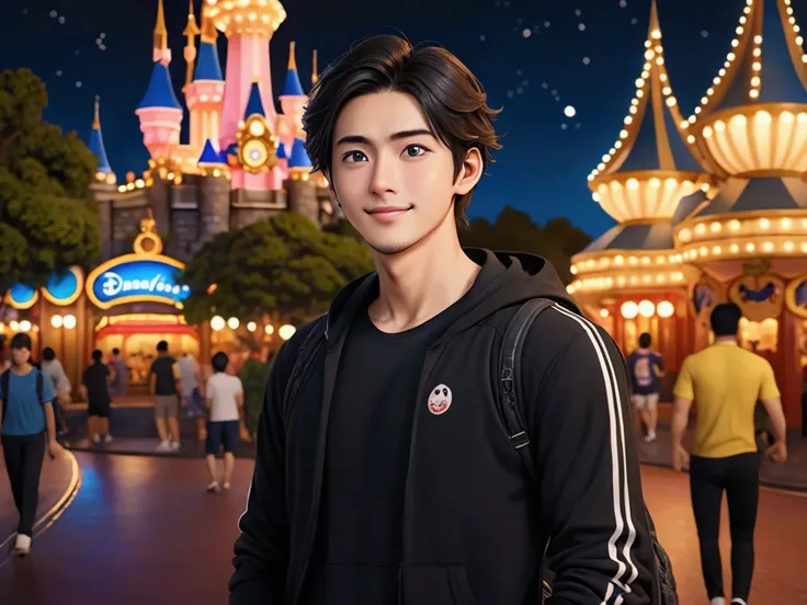 Japanese,25-30 years old, Handsome and sporty outfit ， fair skin, black eyes（thin eyes 1：3), Full body image,(Super detailed, Realistic, best quality, 4K, 8k, High resolution, masterpiece:1.3),  The background is Disneyland., night time.  he is very happy