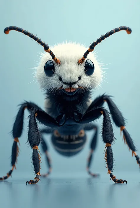 Create a cover image about the panda ant with a light blue background