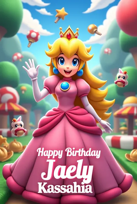 An image for a birthday poster with a MARIO KARTS PRINCESS PEACH theme, with festive Mario Karts background, that specifies 5TH BIRTHDAY, what say "HAPPY BIRTHDAY JAELY KASSAHIA" with pretty letters