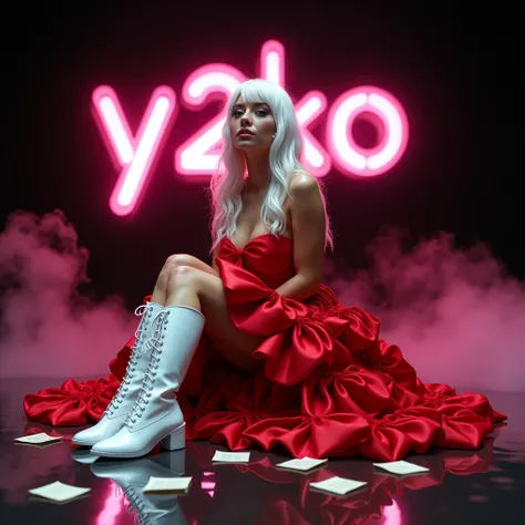 A woman with long white hair,she will wear a dress made entirely of red bows,a white futuristic boot, the black background and there will be pink smoke,I want the graffiti background with the words Y2K XOXO written in pink ,I want her very sensual,I want w...