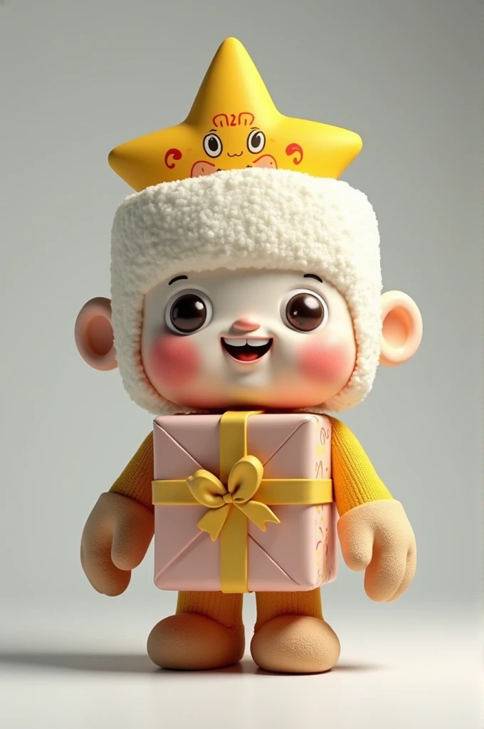 The 3D model is designed like an art toy. The head is a burnt marshmallow. On the marshmallow&#39;s head is a yellow star. Inside the marshmallow is a face, the body is a gift box, and there are round hands sticking out.