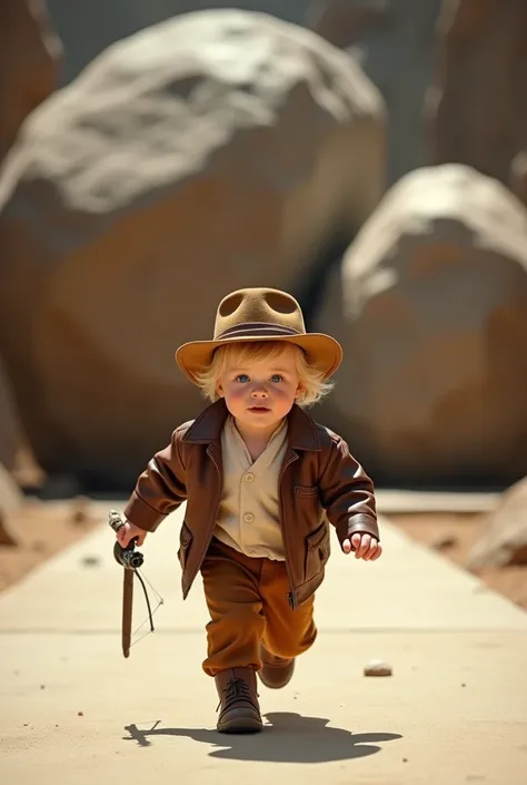 Create a scene where an adorable blond royal baby wears an Indiana Jones outfit, brown leather jacket, caramel hat with a brown band, a white thing, a caramel pants, silent matching, a bow in the hand.  Be running from a trap, two huge rocks rolling behind...