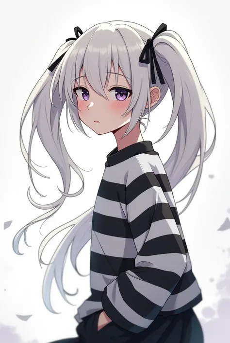 Female anime character white hair with pigtails black and white shirt
