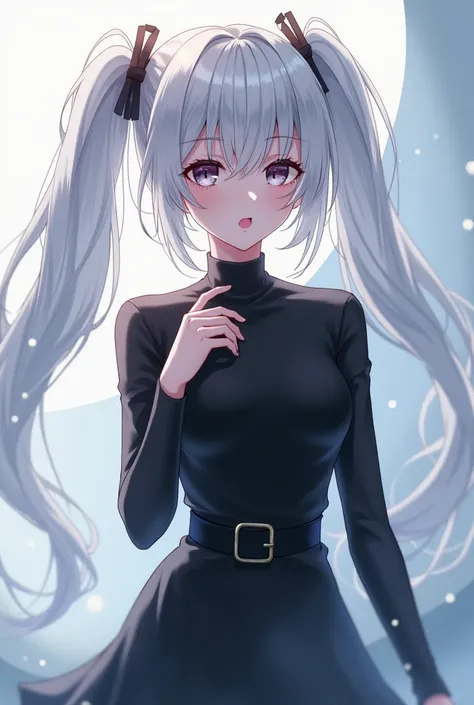 Female anime character white hair with pigtails, black shirt
